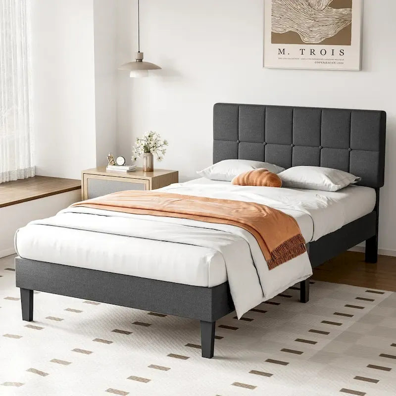Gray Tufted Linen Twin Bed with Adjustable Headboard