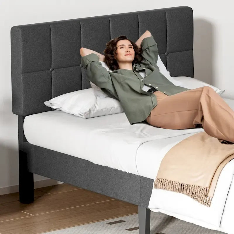 Gray Tufted Linen Twin Bed with Adjustable Headboard