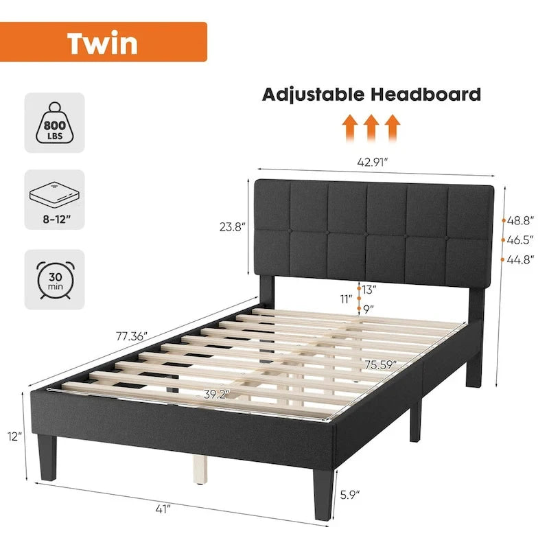 Gray Tufted Linen Twin Bed with Adjustable Headboard
