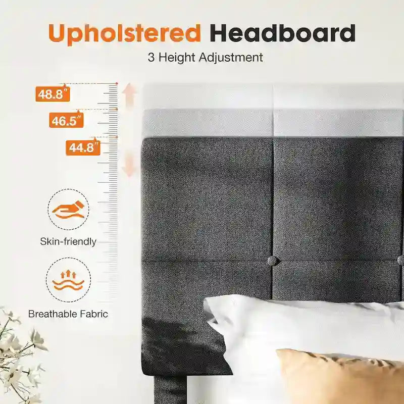 Gray Tufted Linen Twin Bed with Adjustable Headboard