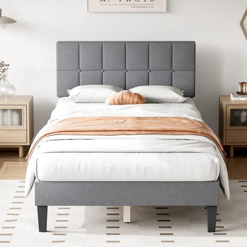 Gray Tufted Linen Twin Bed with Adjustable Headboard