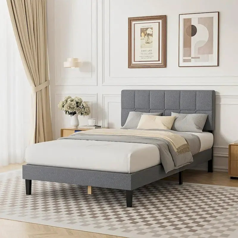 Gray Tufted Linen Twin Bed with Adjustable Headboard