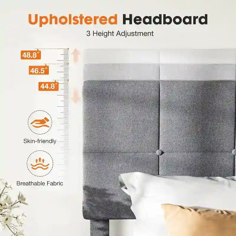Gray Tufted Linen Twin Bed with Adjustable Headboard