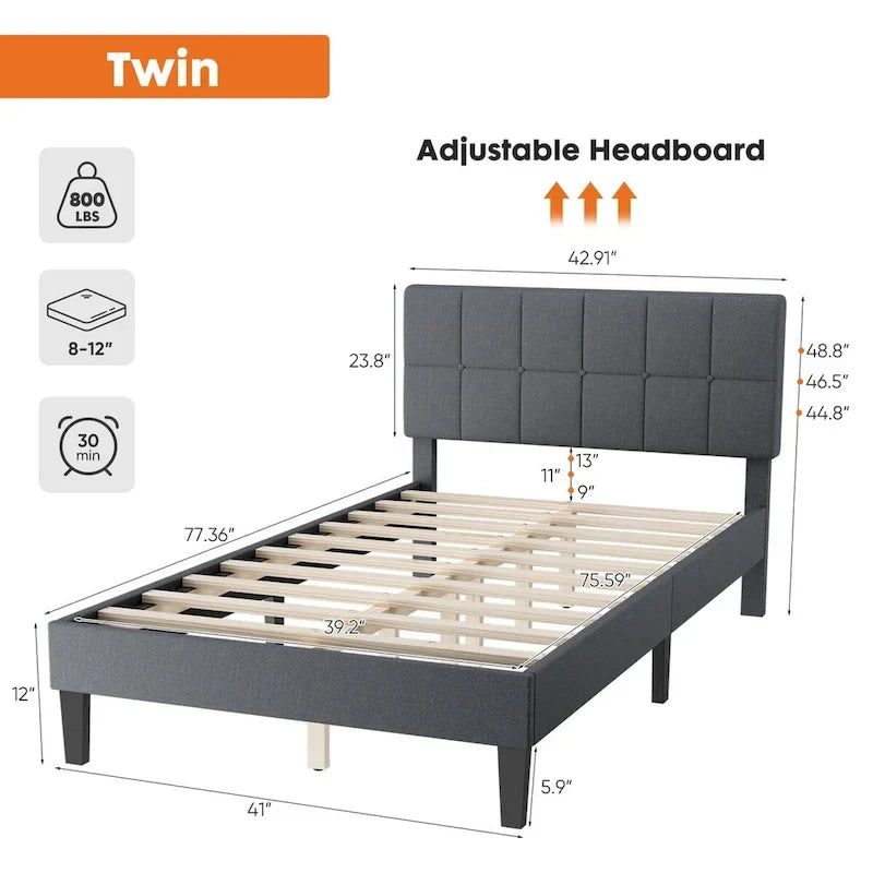 Gray Tufted Linen Twin Bed with Adjustable Headboard