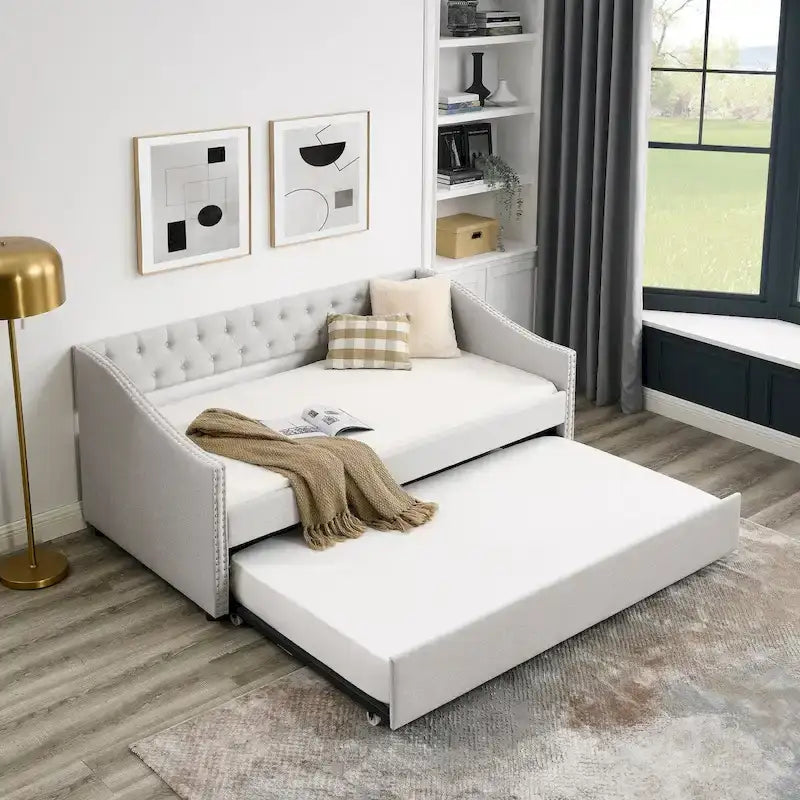 Gray Tufted Twin Daybed with Pull-Out Trundle