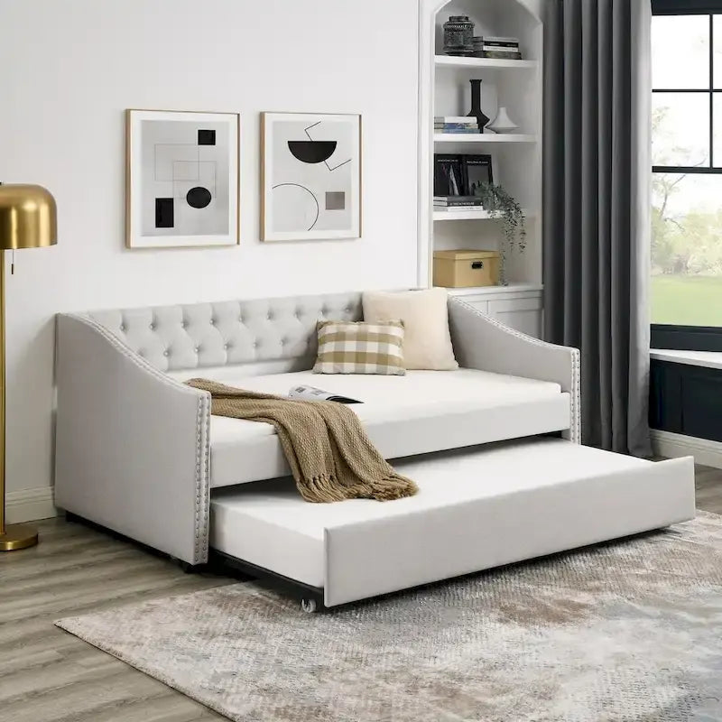 Gray Tufted Twin Daybed with Pull-Out Trundle