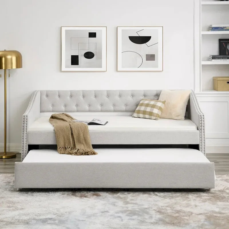 Gray Tufted Twin Daybed with Pull-Out Trundle