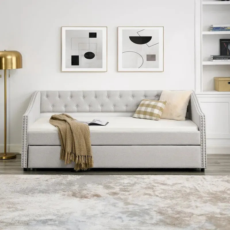 Gray Tufted Twin Daybed with Pull-Out Trundle