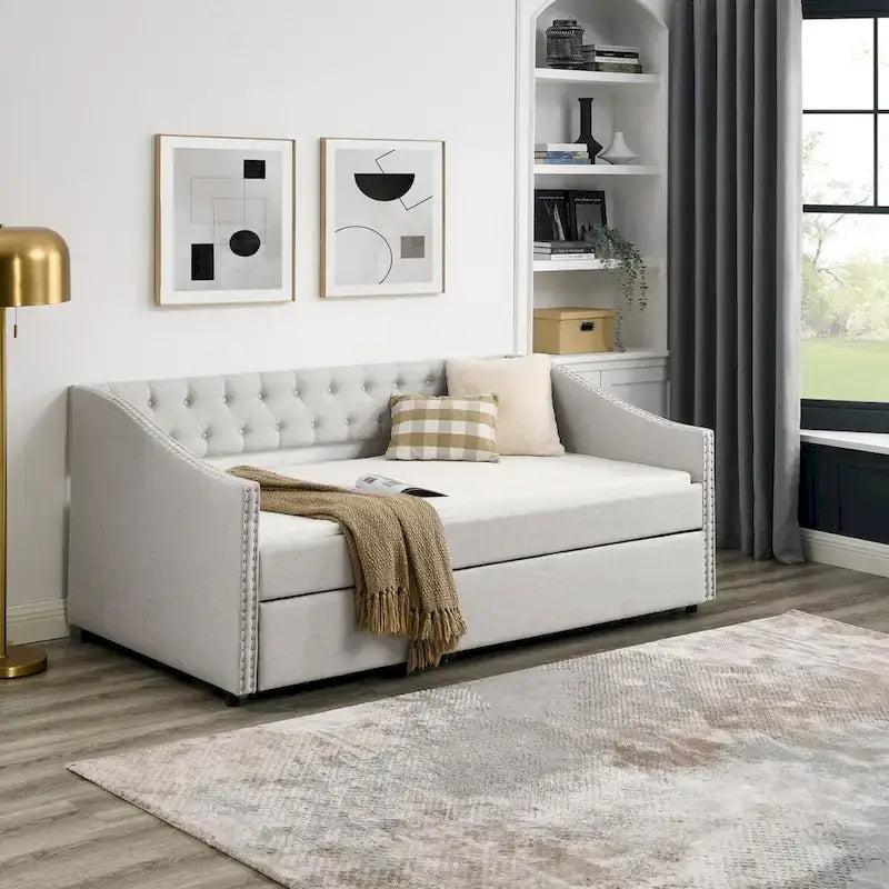 Gray Tufted Twin Daybed with Pull-Out Trundle