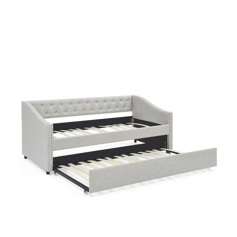 Gray Tufted Twin Daybed with Pull-Out Trundle