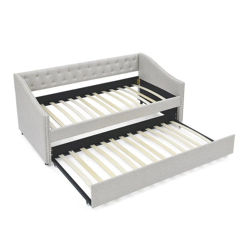 Gray Tufted Twin Daybed with Pull-Out Trundle