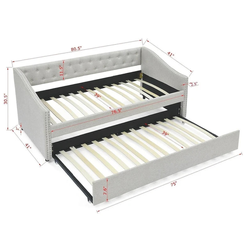 Gray Tufted Twin Daybed with Pull-Out Trundle