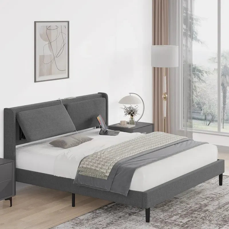 Upholstered Queen Bed with Adjustable Backrest and USB Ports