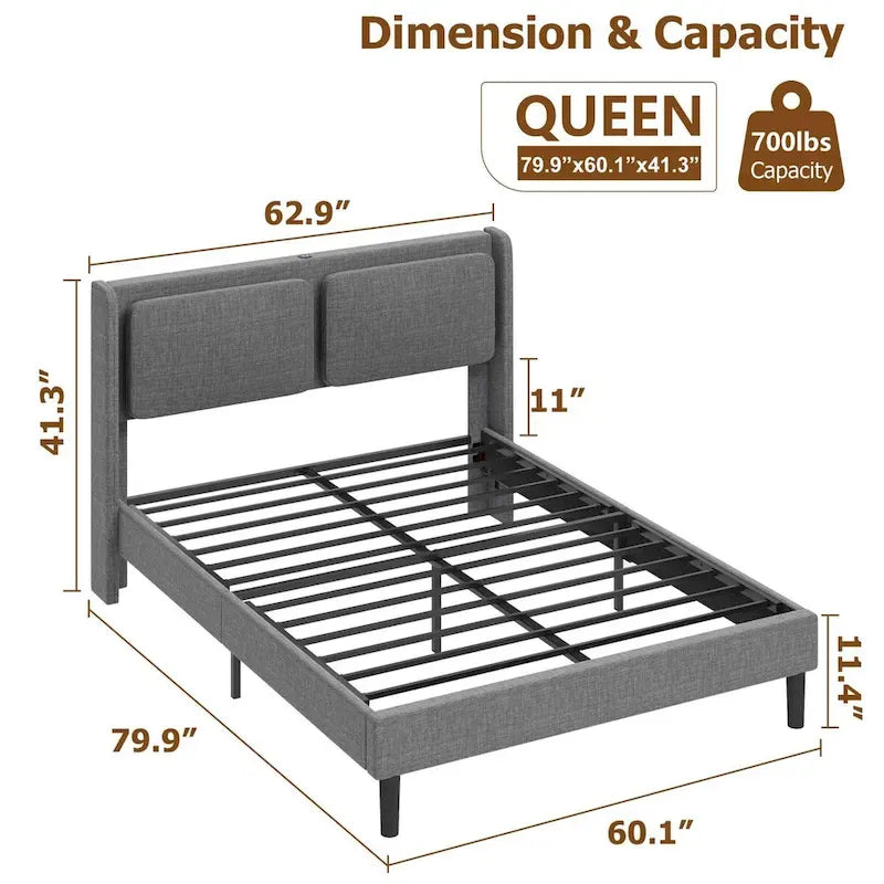 Upholstered Queen Bed with Adjustable Backrest and USB Ports