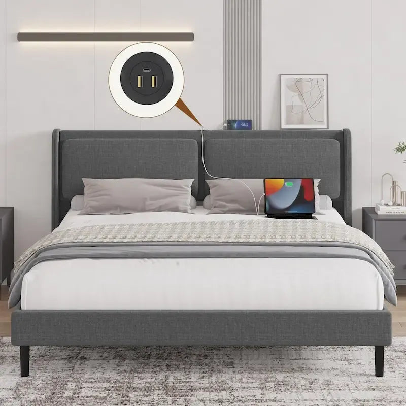 Upholstered Queen Bed with Adjustable Backrest and USB Ports