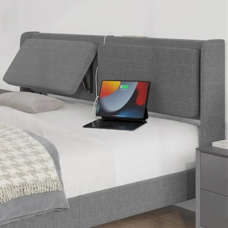 Upholstered Queen Bed with Adjustable Backrest and USB Ports