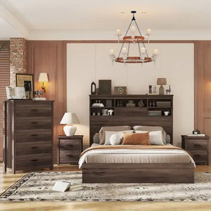 4-Pieces Bedroom Sets Queen Size Vintage Wooden Bed Frame with 2 Nightstands and 1 Dresser