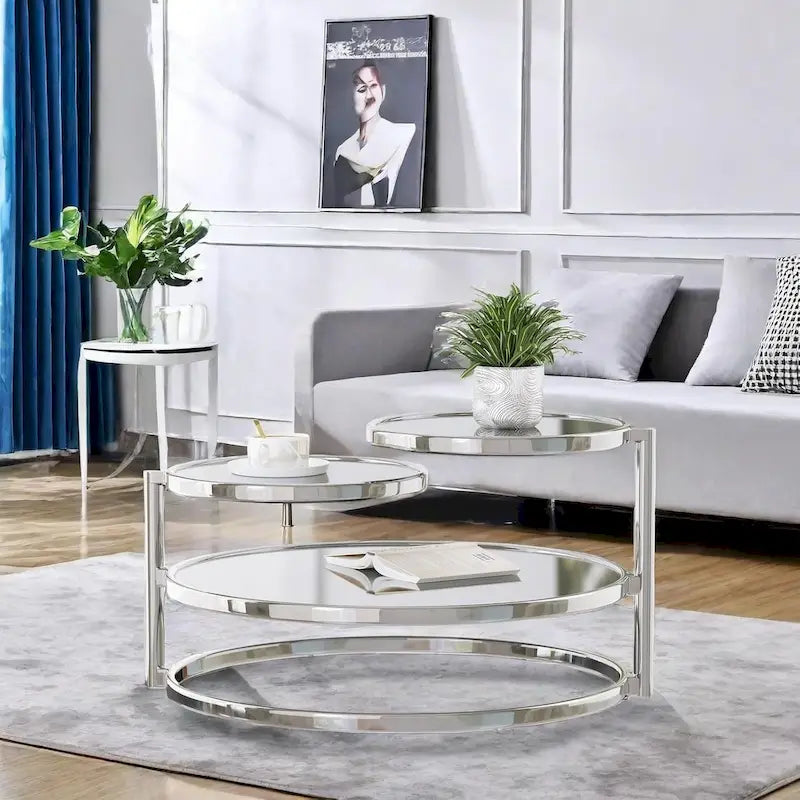 Round Glass Coffee Table with 360° Rotating Top