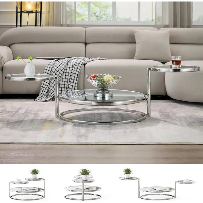 Round Glass Coffee Table with 360° Rotating Top