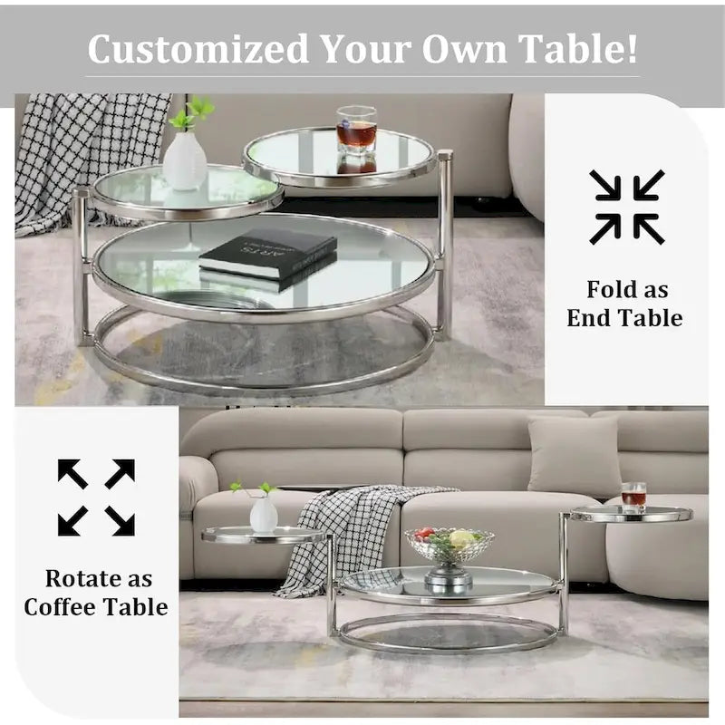 Round Glass Coffee Table with 360° Rotating Top
