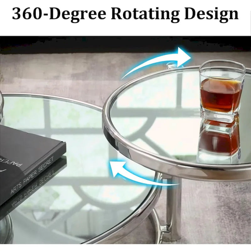 Round Glass Coffee Table with 360° Rotating Top