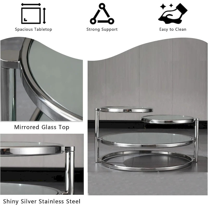 Round Glass Coffee Table with 360° Rotating Top
