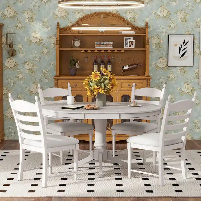 5-Piece Extendable Dining Set with Pedestal Table and 4 Upholstered Chairs
