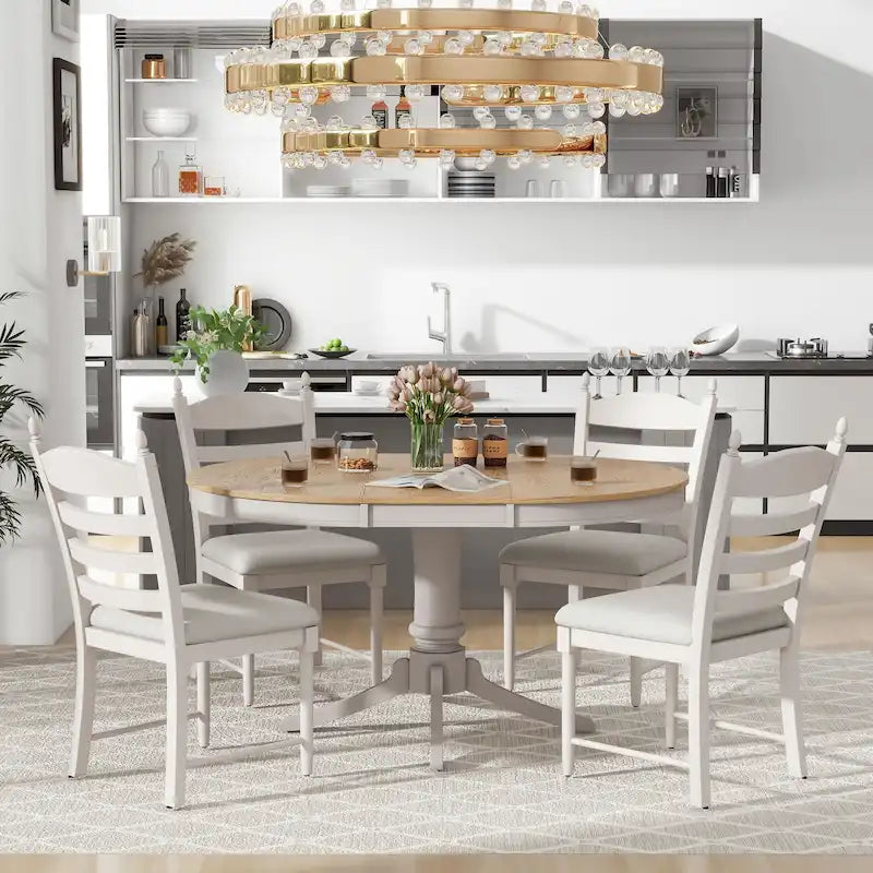 5-Piece Extendable Dining Set with Pedestal Table and 4 Upholstered Chairs