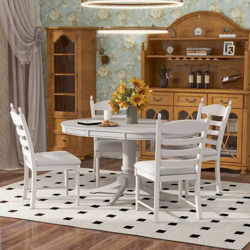 5-Piece Extendable Dining Set with Pedestal Table and 4 Upholstered Chairs
