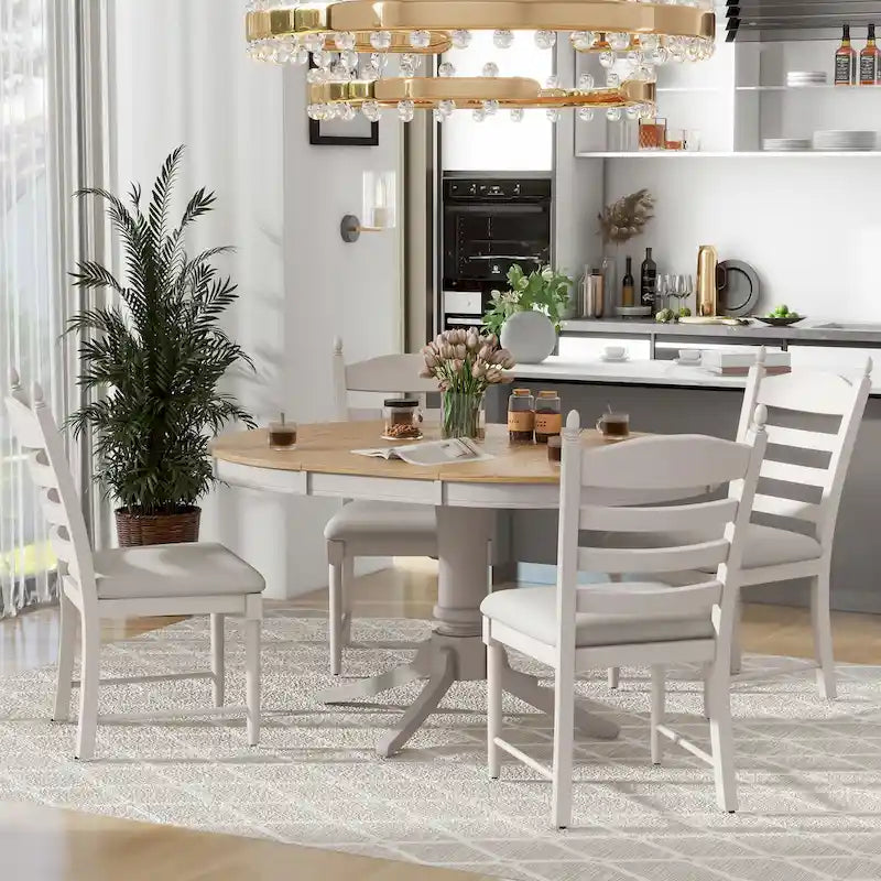 5-Piece Extendable Dining Set with Pedestal Table and 4 Upholstered Chairs
