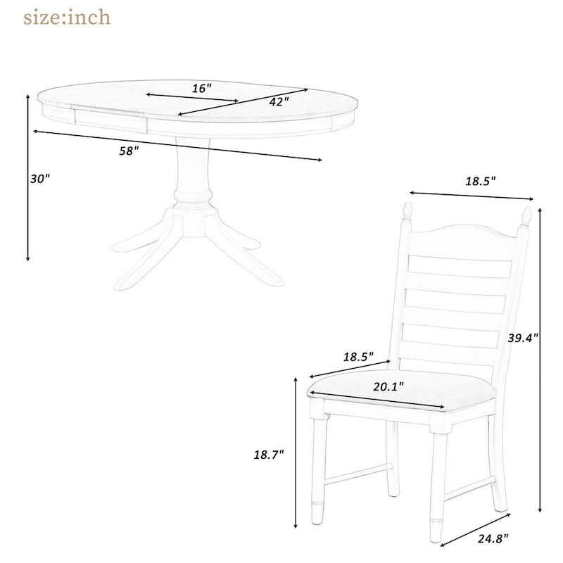 5-Piece Extendable Dining Set with Pedestal Table and 4 Upholstered Chairs