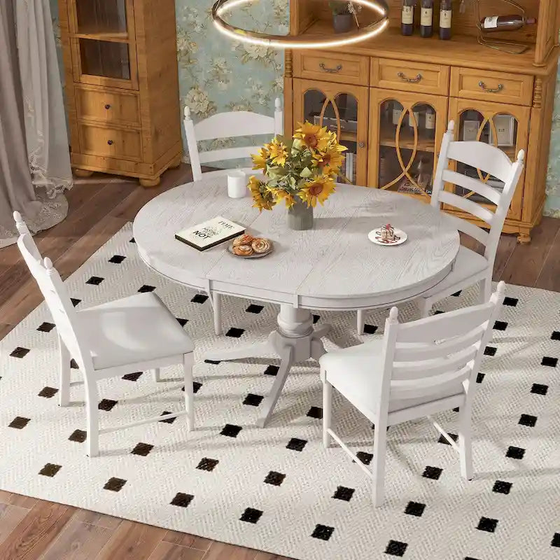 5-Piece Extendable Dining Set with Pedestal Table and 4 Upholstered Chairs