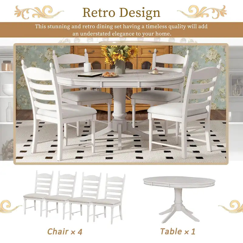 5-Piece Extendable Dining Set with Pedestal Table and 4 Upholstered Chairs