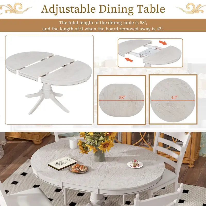 5-Piece Extendable Dining Set with Pedestal Table and 4 Upholstered Chairs