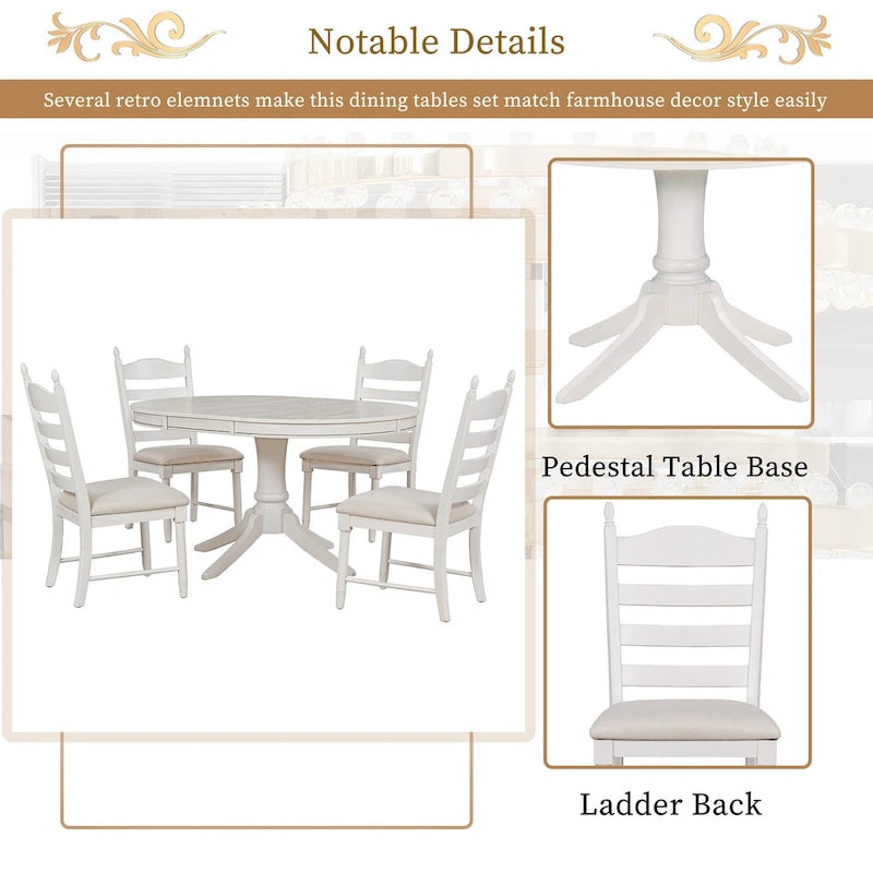 5-Piece Extendable Dining Set with Pedestal Table and 4 Upholstered Chairs