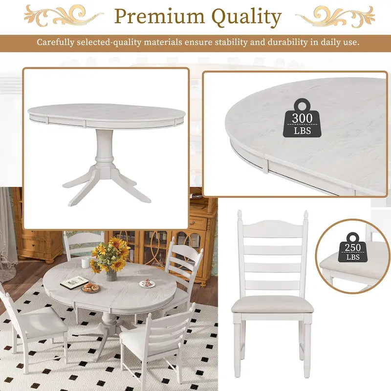 5-Piece Extendable Dining Set with Pedestal Table and 4 Upholstered Chairs