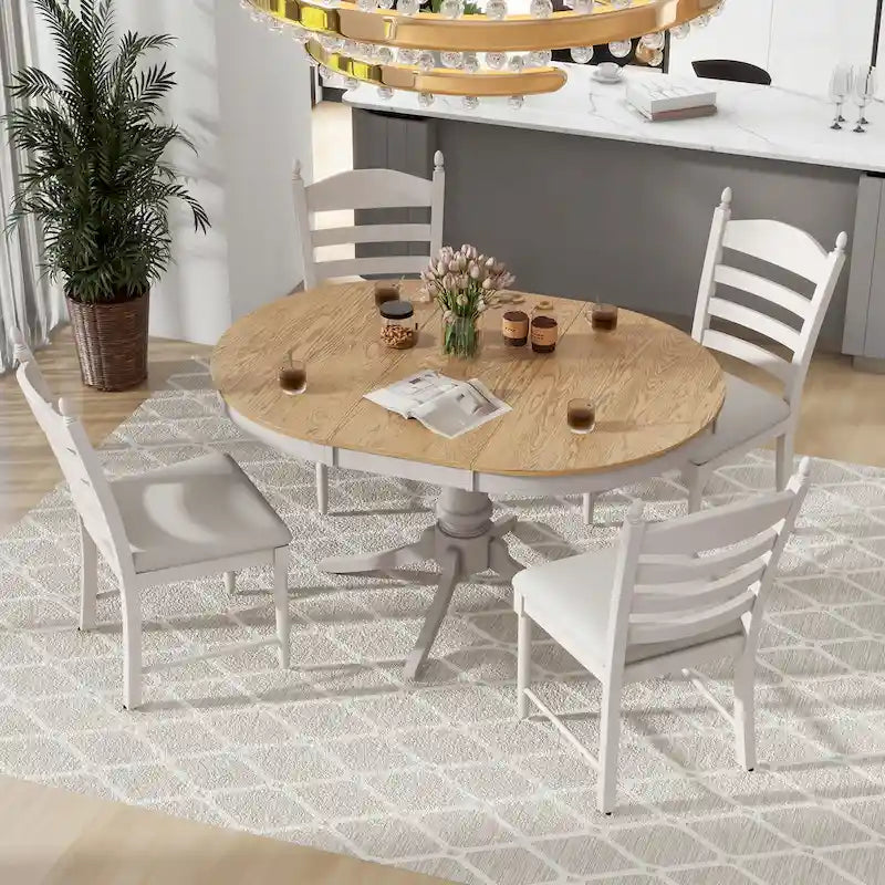 5-Piece Extendable Dining Set with Pedestal Table and 4 Upholstered Chairs