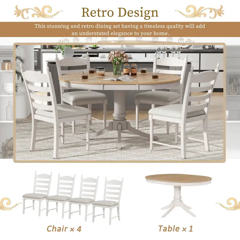 5-Piece Extendable Dining Set with Pedestal Table and 4 Upholstered Chairs