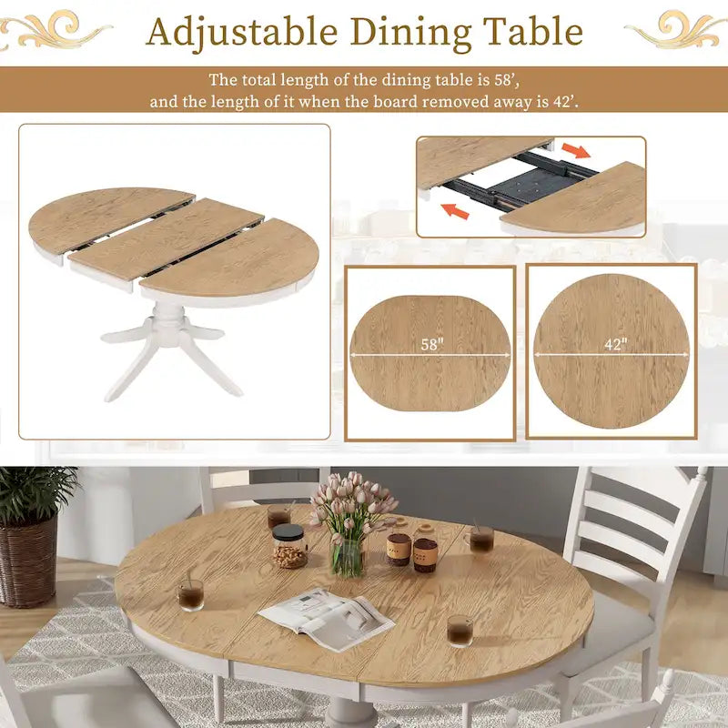 5-Piece Extendable Dining Set with Pedestal Table and 4 Upholstered Chairs
