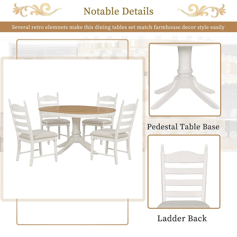5-Piece Extendable Dining Set with Pedestal Table and 4 Upholstered Chairs