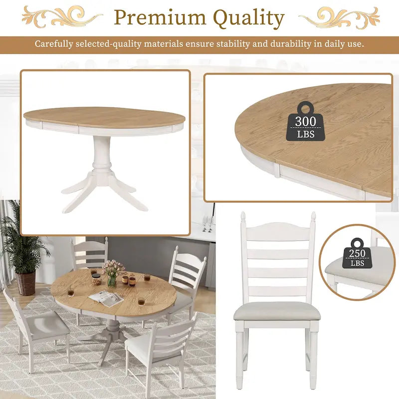 5-Piece Extendable Dining Set with Pedestal Table and 4 Upholstered Chairs