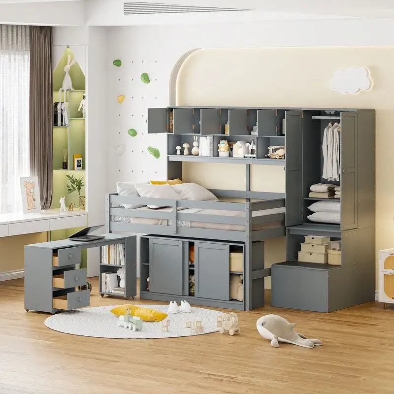 Full Size Wooden Loft Bed Big Storage with Under-bed Desk, with Drawers, with Shelves