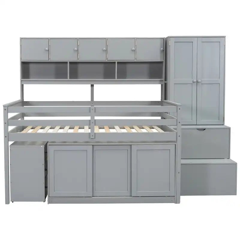 Full Size Wooden Loft Bed Big Storage with Under-bed Desk, with Drawers, with Shelves