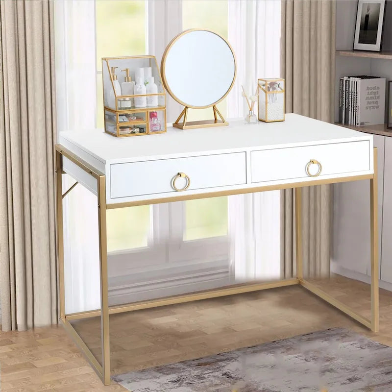 White and Gold Writing Desk with 2 Drawers