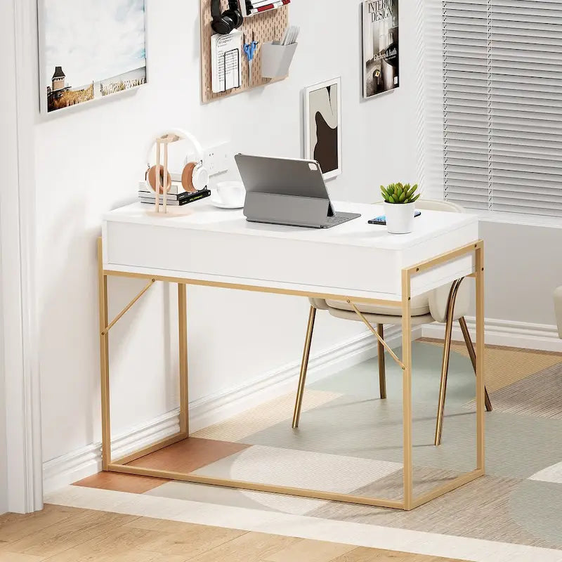 White and Gold Writing Desk with 2 Drawers