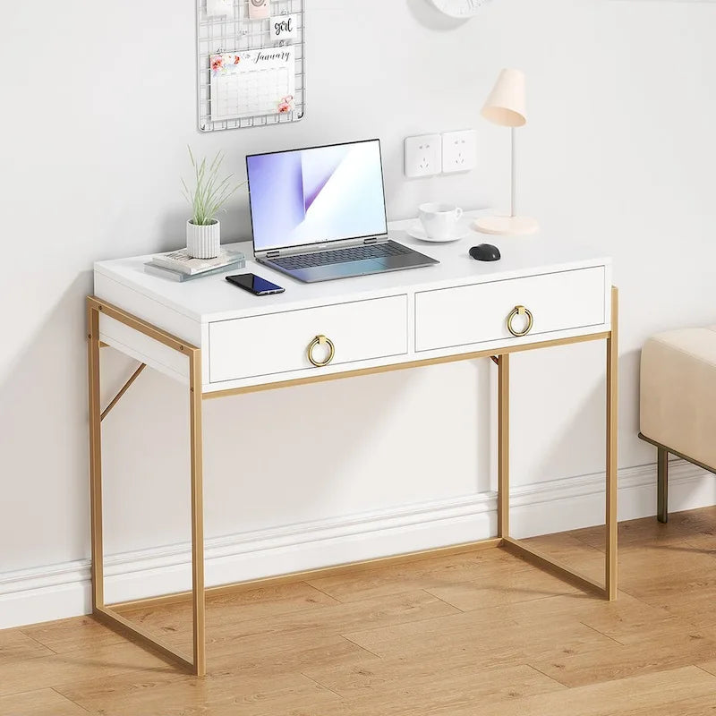 White and Gold Writing Desk with 2 Drawers