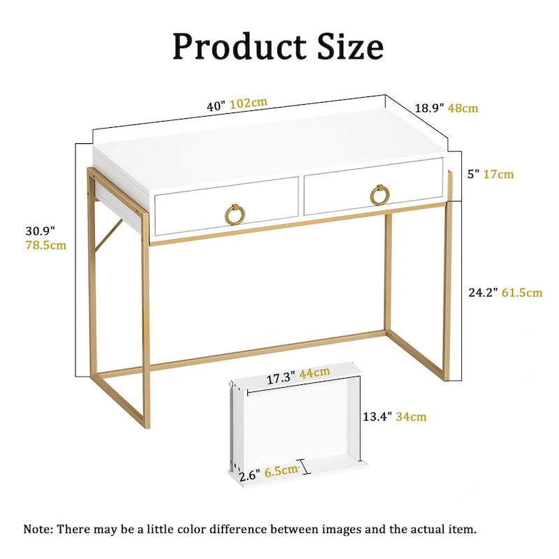 White and Gold Writing Desk with 2 Drawers