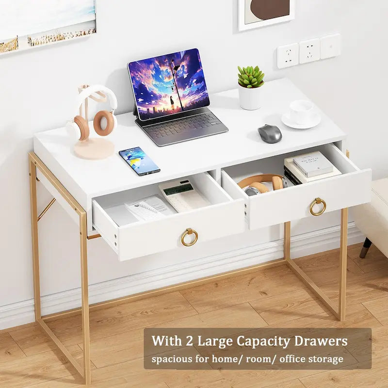 White and Gold Writing Desk with 2 Drawers