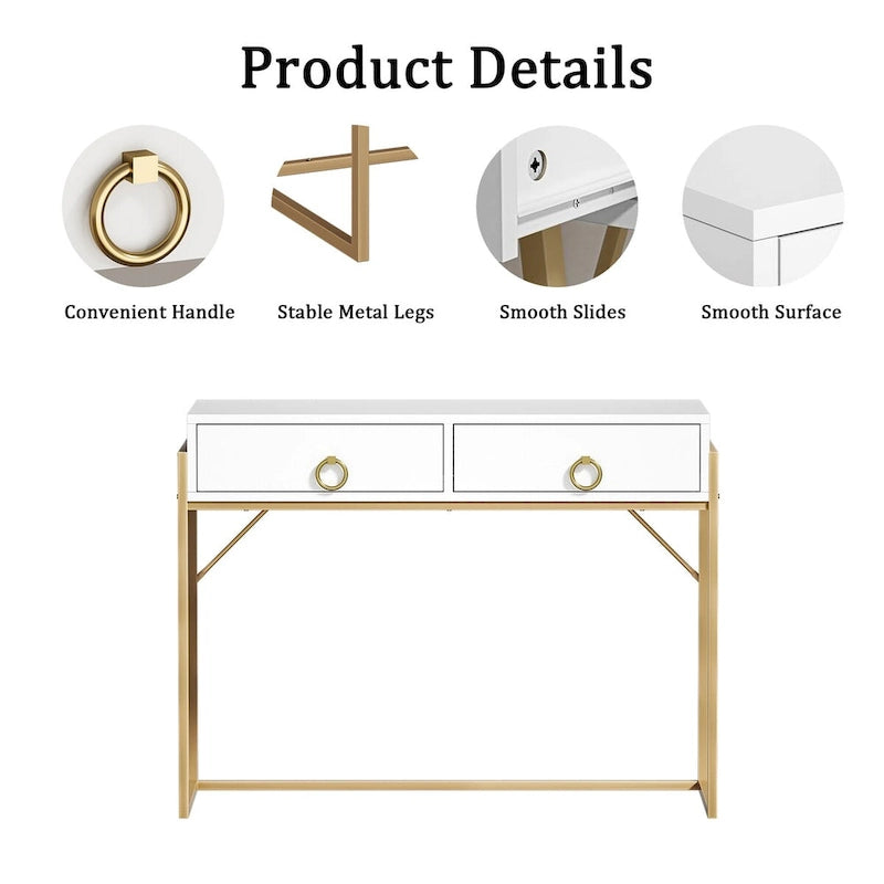 White and Gold Writing Desk with 2 Drawers