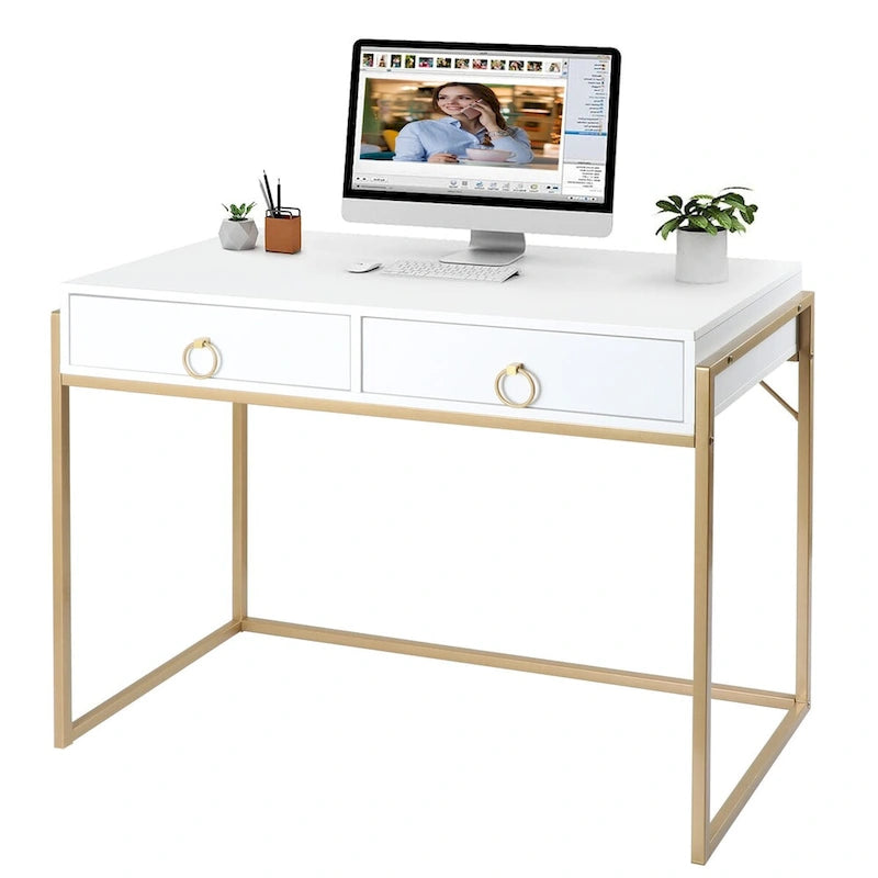 White and Gold Writing Desk with 2 Drawers